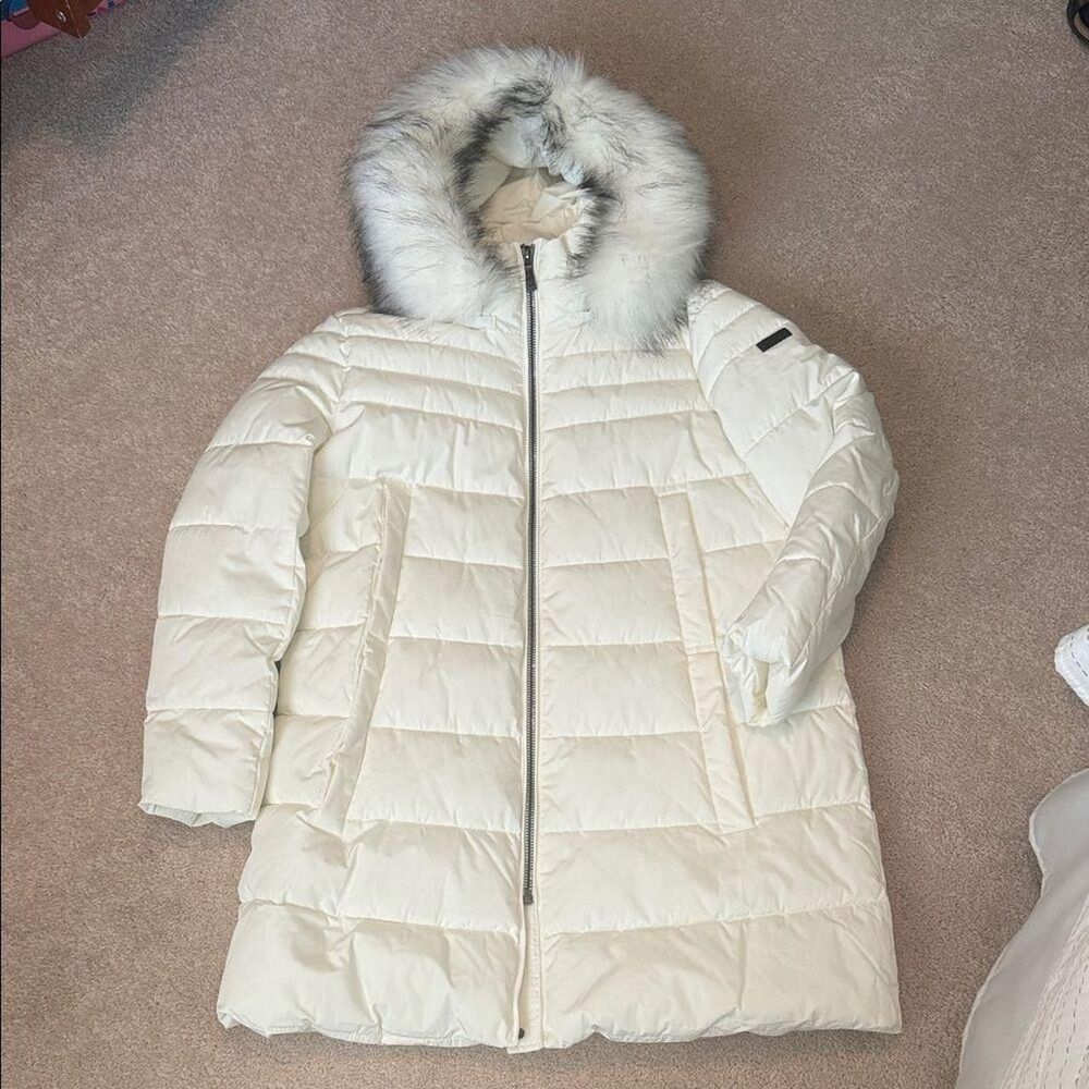 DKNY Off-White Puffer Jacket with Faux Fur Hood